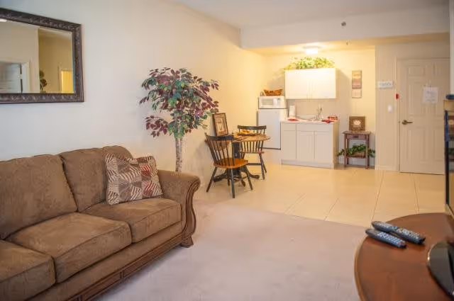 A cozy living area with a brown sofa adorned with patterned cushions, a small dining table with two wooden chairs, and a kitchenette in the background featuring white cabinets, a microwave, and a mini fridge. There is a decorative plant next to the sofa and a mirror on the wall above it. The floor transitions from carpet in the living area to tile in the kitchenette area.
