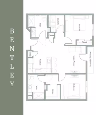 Floor plan titled 'BENTLEY' showing a two-bedroom, two-bath apartment with kitchen, living room, closets and laundry.