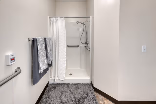 A clean, accessible shower area with a white shower curtain, grab bars, and a handheld showerhead. There are three towels hanging on a towel rack to the left, and a gray shaggy bath mat on the floor in front of the shower. The walls are painted a light beige color.