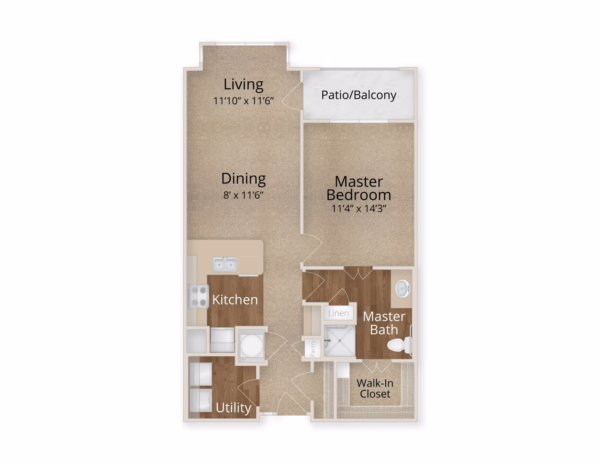 Floor plan of an apartment at Arabella of Longview Independent Living showing a living room, dining area, kitchen, utility room, master bedroom with walk-in closet, master bathroom, linen closet, pantry, and a patio/balcony.