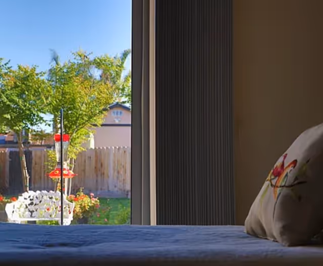 View from inside a room looking out through a sliding glass door to a backyard with green grass, a wooden fence, trees, and a bird feeder. A pillow with a bird design is visible on the right side of the image.