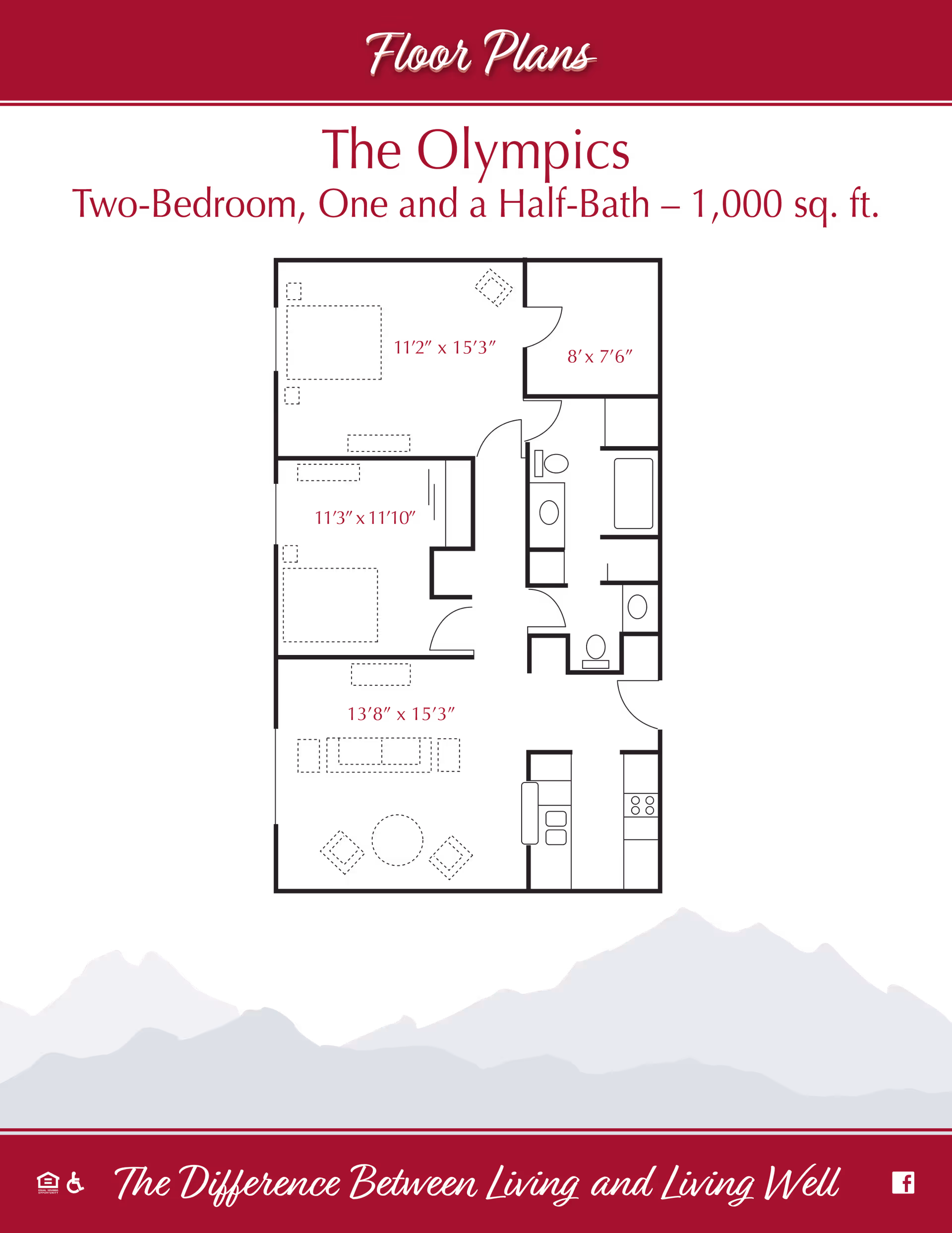 Floor plan titled 'The Olympics' showing a two-bedroom, one and a half bath layout with 1,000 square feet. The plan includes dimensions for rooms: 11'2" x 15'3", 11'3" x 11'10", 8' x 7'6", and 13'8" x 15'3". The layout shows bedrooms, bathrooms, a living area, and a kitchen. The background has a mountain silhouette and the text 'The Difference Between Living and Living Well' at the bottom.