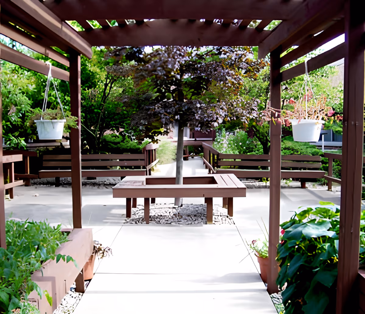 A shaded outdoor courtyard with a wooden pergola, built-in benches, hanging planters, and a central tree.