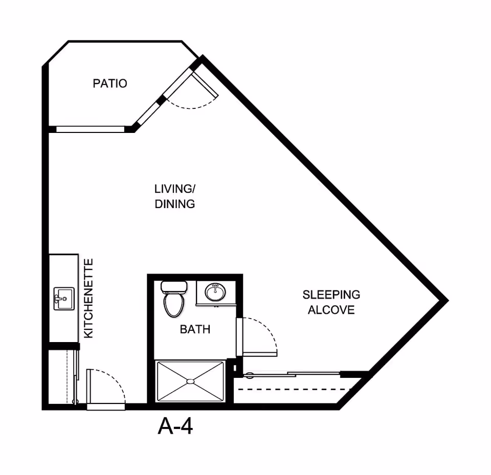 Architectural floor plan of a senior living unit labeled A-4, featuring a patio, living/dining area, kitchenette, bath, and sleeping alcove.