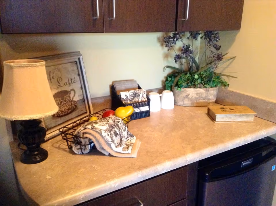 Small kitchenette counter with a lamp, framed print, folded towels, decorative plant and a mini fridge under the cabinets.