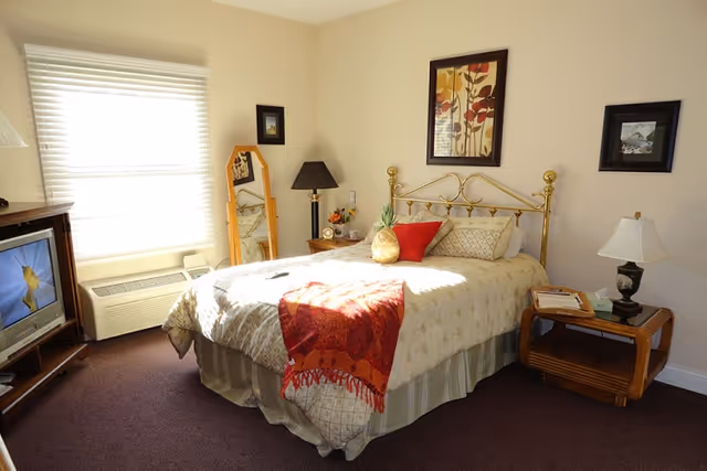 Sunlit bedroom with a double bed dressed in patterned bedding, bedside tables and lamps, a TV, and a window with blinds.