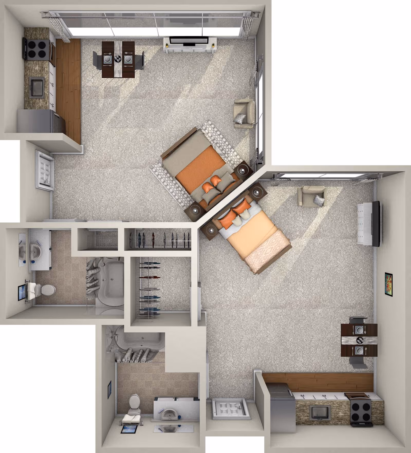 Top-down view of a two-bedroom apartment floor plan featuring two bedrooms each with a bed, nightstands, a chair, and a TV. Each bedroom has an adjacent kitchen area with appliances and a dining table. There are two bathrooms with sinks, toilets, and showers, and a central closet space between the bedrooms.