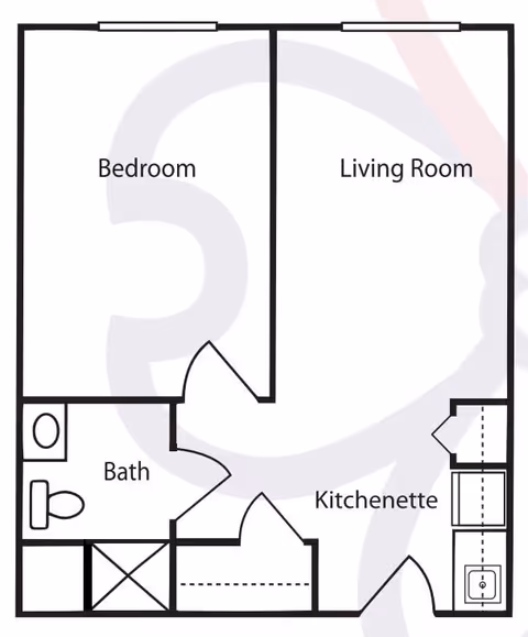 Floor plan of a senior living unit showing a bedroom, living room, bath, and kitchenette with labeled rooms and fixtures.