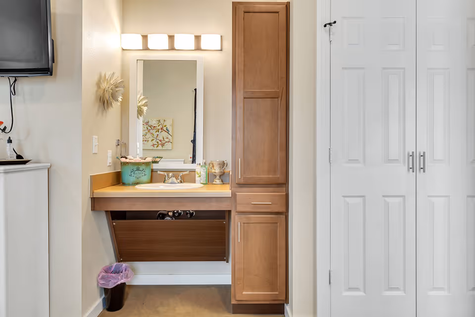 A vanity area with a sink, mirror, and overhead lighting. The sink is set in a wooden countertop with a cabinet underneath that is open, revealing plumbing. To the right of the sink is a tall wooden cabinet with drawers and doors. A small trash can with a pink liner is placed on the floor to the left. A wall-mounted TV is partially visible on the left side of the image. The walls are light-colored, and there is a white double-door closet on the right side.