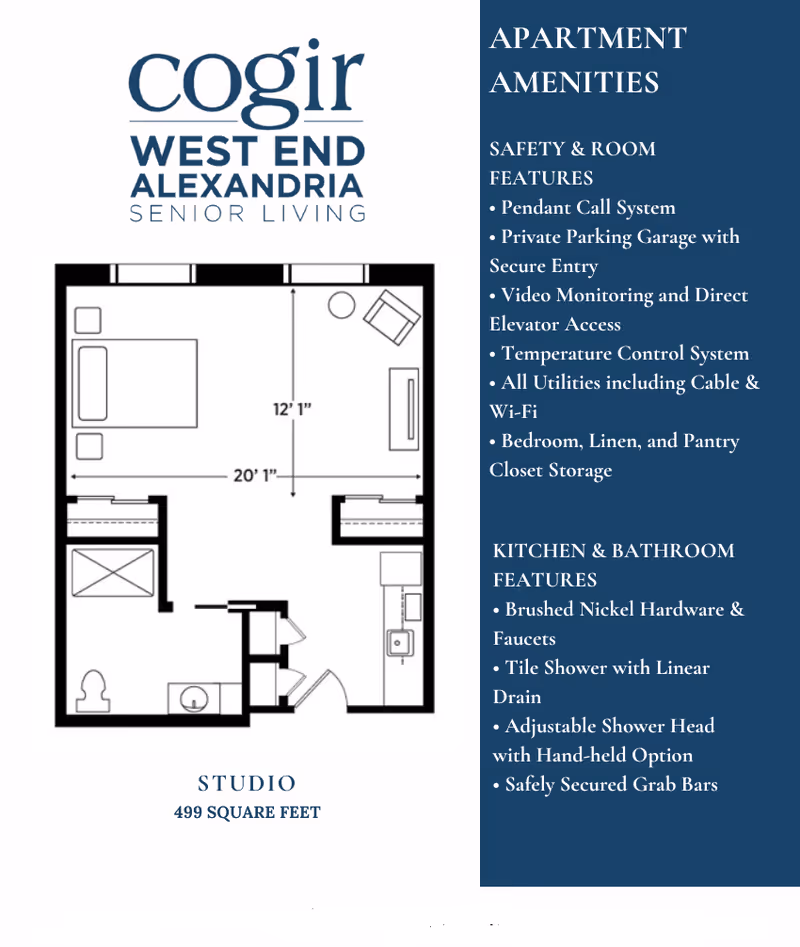 Floor plan of a studio apartment at Cogir of West End Alexandria senior living, showing a 499 square feet layout with a combined living and sleeping area, kitchen, bathroom, and closet spaces. The right side of the image lists apartment amenities including safety and room features like pendant call system, private parking garage, video monitoring, temperature control, utilities, and storage, as well as kitchen and bathroom features such as brushed nickel hardware, tile shower with linear drain, adjustable shower head, and grab bars.