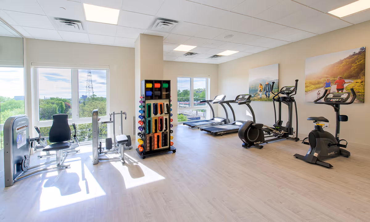 Bright fitness room with treadmills, exercise bikes, strength machines and a rack of weights and bands by large windows.
