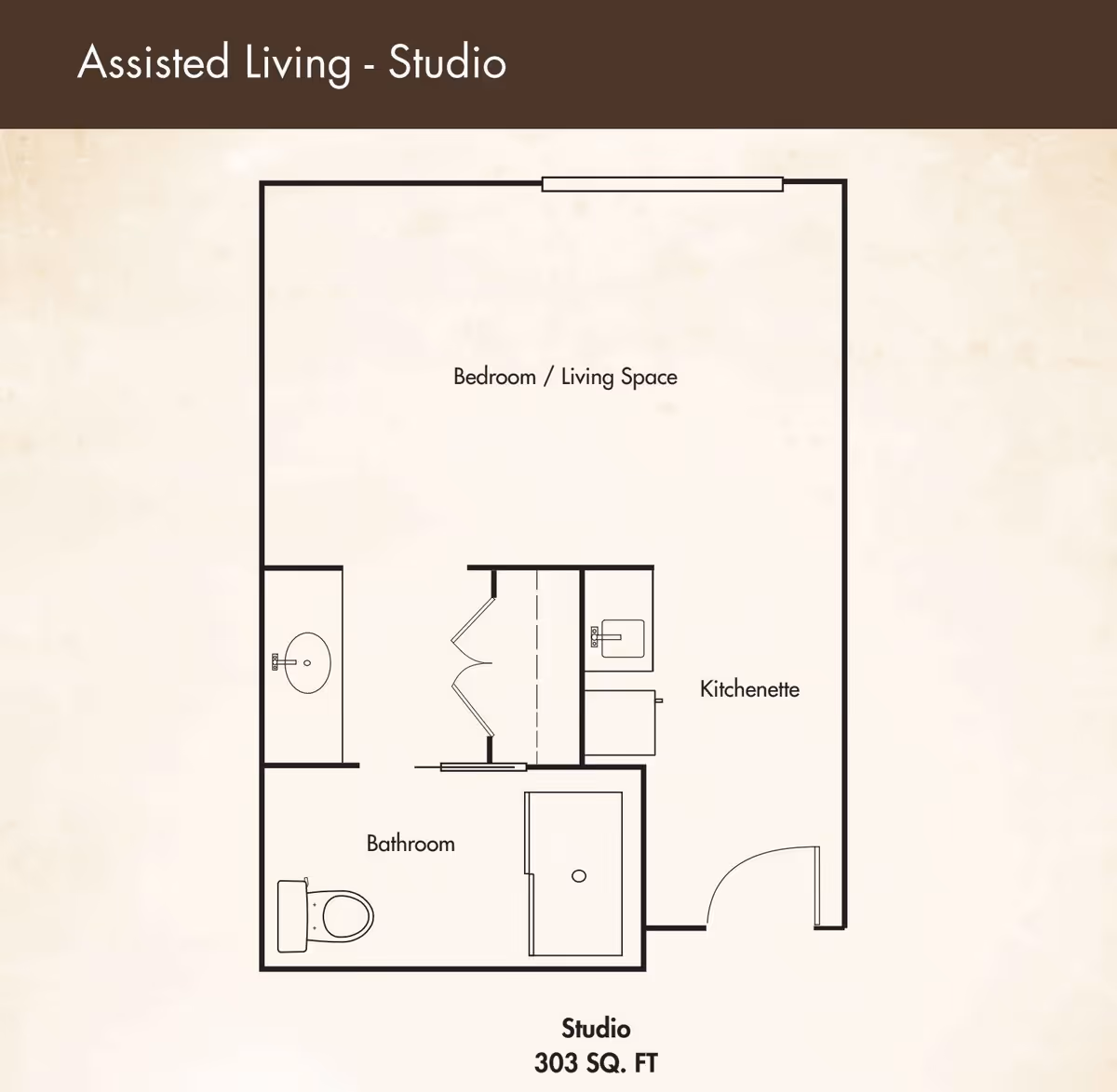 Floor plan of a studio assisted living unit showing a combined bedroom and living space, a kitchenette, and a bathroom. The total area is 303 square feet.