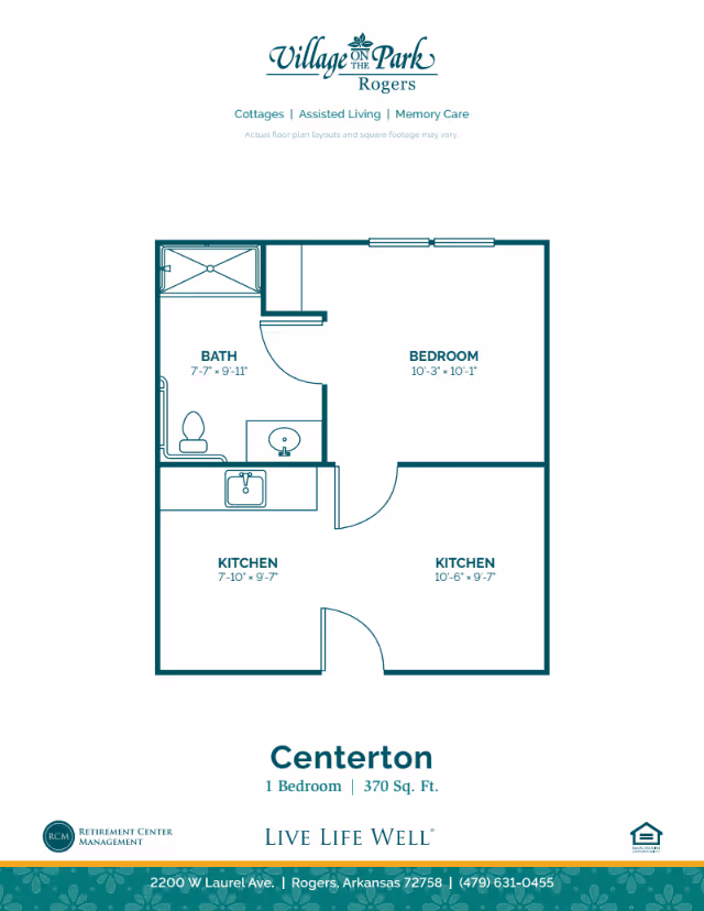 Floor plan layout of a one-bedroom unit named Centerton at Village on the Park Rogers, showing a bedroom, bathroom, and two kitchen areas with dimensions.