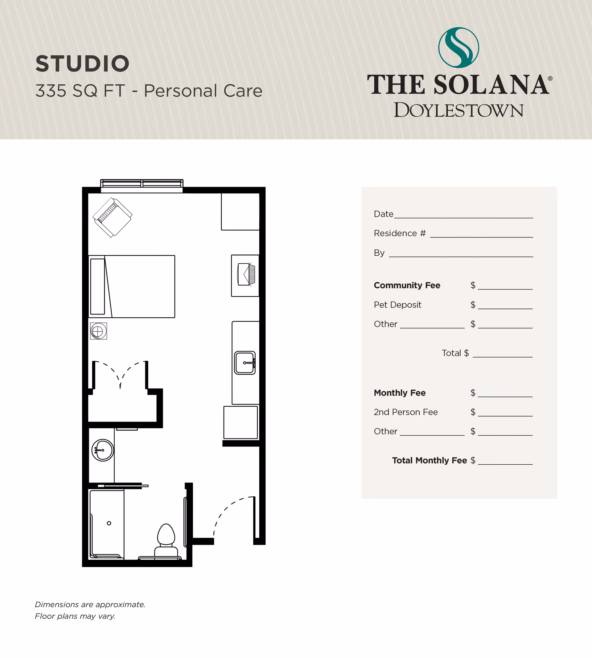 Floor plan of a studio apartment with 335 square feet for personal care at The Solana Doylestown, showing a combined living and sleeping area, a small kitchen, and a bathroom.