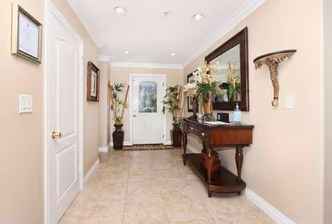 Hallway interior with a console table, mirror, potted plants, and a door at the end