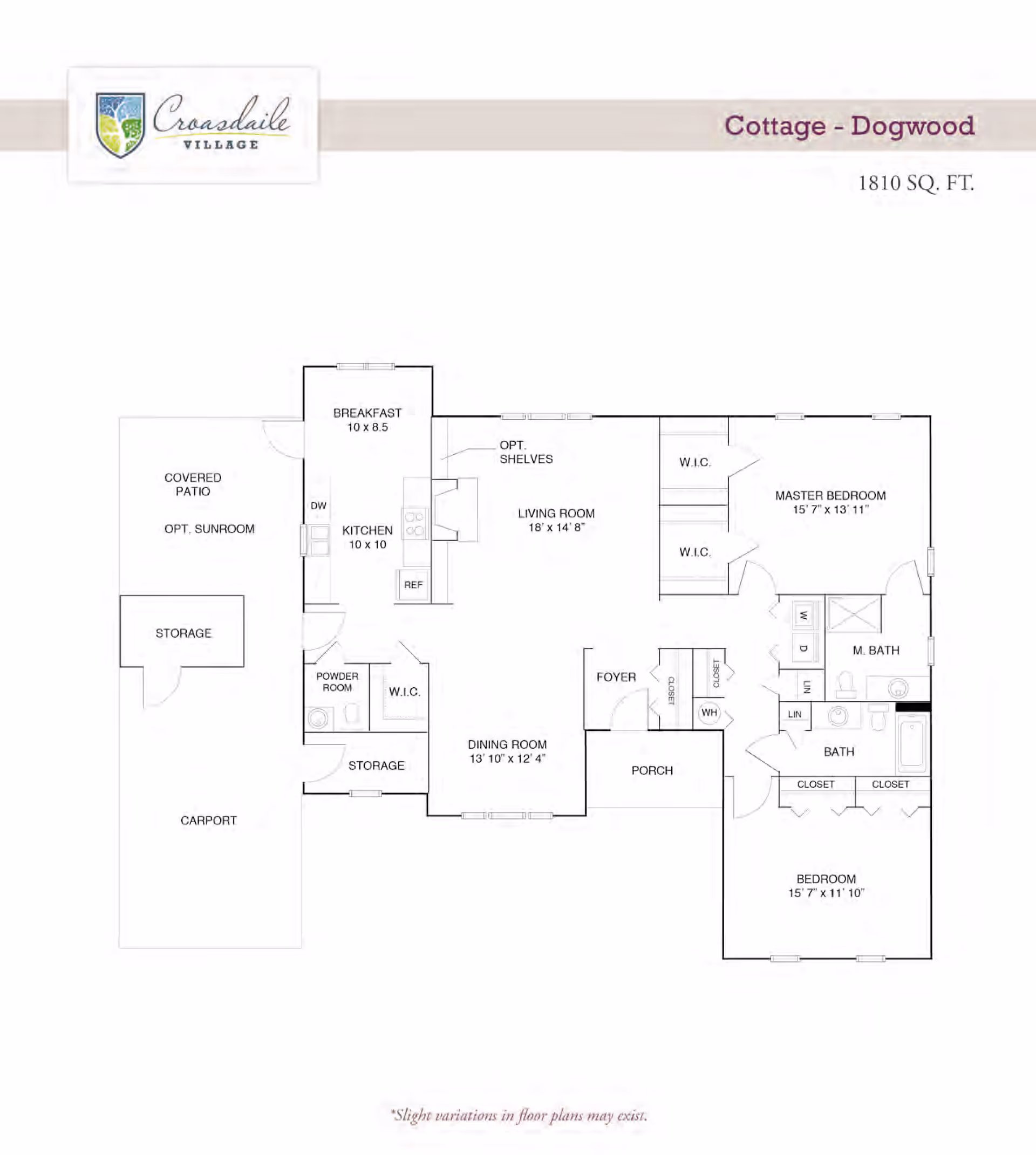 Floor plan of Croasdaile Village Cottage - Dogwood model showing layout with 1810 square feet. Includes covered patio, optional sunroom, carport, storage areas, powder room, kitchen, breakfast area, living room with optional shelves, dining room, foyer, porch, master bedroom with two walk-in closets and master bath, second bedroom with closets, additional bath, and laundry area with washer and dryer.