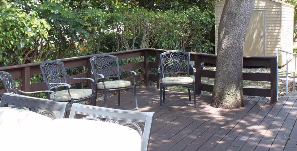 Wooden outdoor deck with metal cushioned chairs arranged around a tree and a shed in the background.