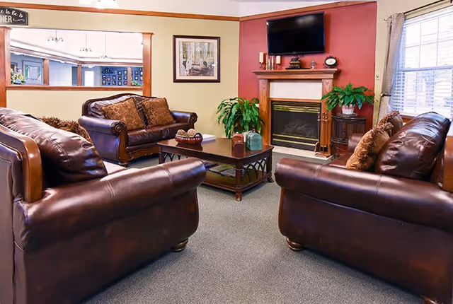 A cozy living room with three brown leather sofas arranged around a wooden coffee table. The room features a fireplace with a wooden mantel, a flat-screen TV mounted above it, and two green plants on either side of the fireplace. There is a large window with curtains on the right side and a framed picture on the wall. A large mirror reflects part of an adjacent room.