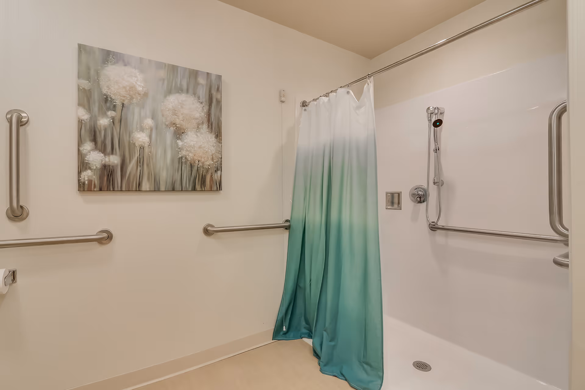 Accessible shower area with a white and green gradient shower curtain, grab bars on the walls, a handheld showerhead, and a painting of dandelions on the wall.