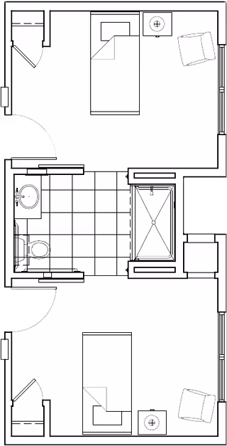 Architectural floor plan showing two bedrooms and a shared bathroom. Each bedroom contains a bed, a nightstand with a lamp, and a chair. The bathroom includes a sink, toilet, and bathtub with tiled flooring.