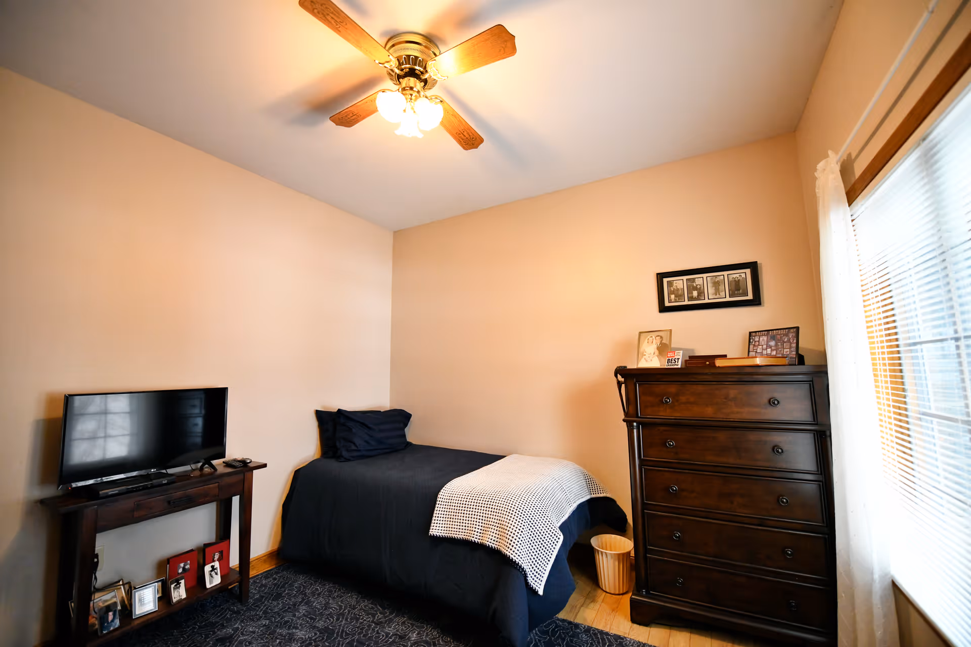 Small furnished bedroom with a single bed, dark dresser, TV on a stand, and a ceiling fan.