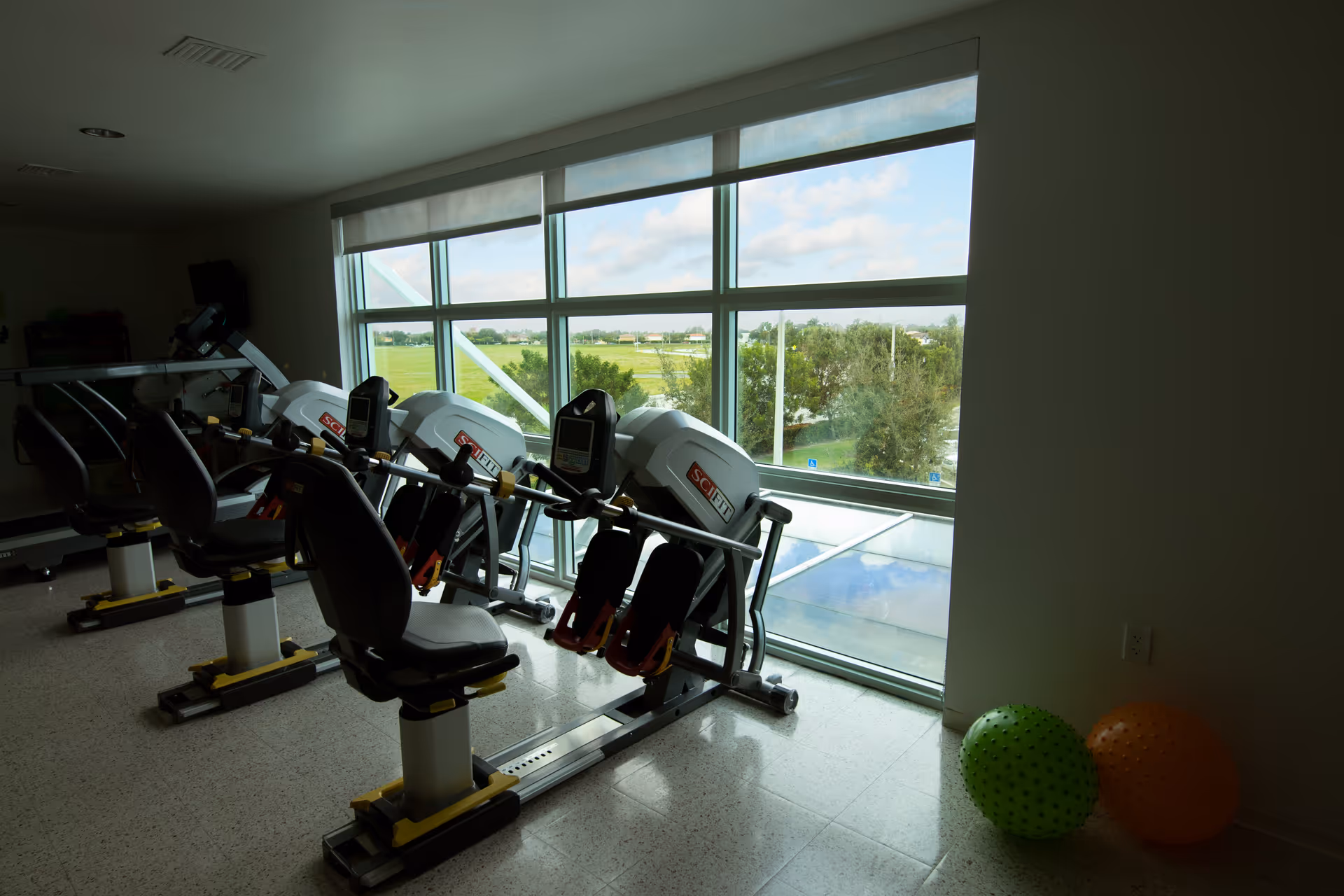 Exercise room with several seated cardio machines facing large windows that provide a view of green fields and trees outside. Two large exercise balls, one green and one orange, are on the floor near the window.