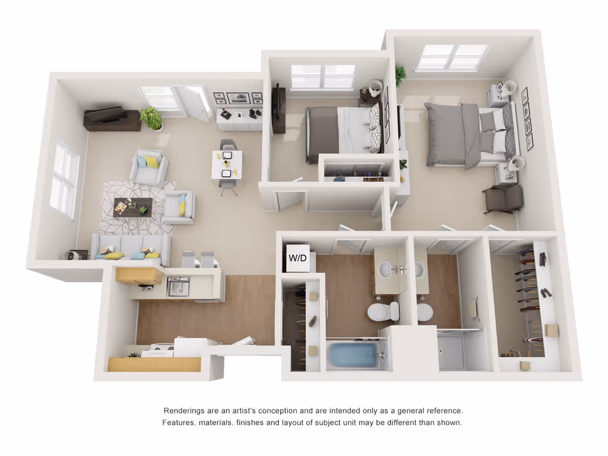 3D rendered floor plan of a two-bedroom apartment showing a living room, kitchen, two bedrooms, two bathrooms, closets, and a W/D area.