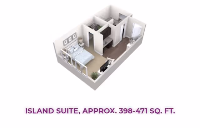 3D floor plan of an Island Suite apartment showing a bedroom with a bed, nightstand, and TV, a bathroom, a closet, and an entryway. The suite size is approximately 398 to 471 square feet.