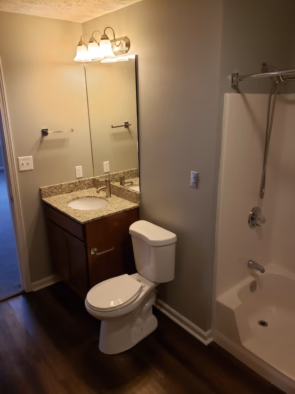 A bathroom with a white toilet, a granite countertop with an under-mount sink, a large mirror above the sink, a three-light wall fixture, and a bathtub with a showerhead and curtain rod. The floor is dark wood, and the walls are painted light gray.