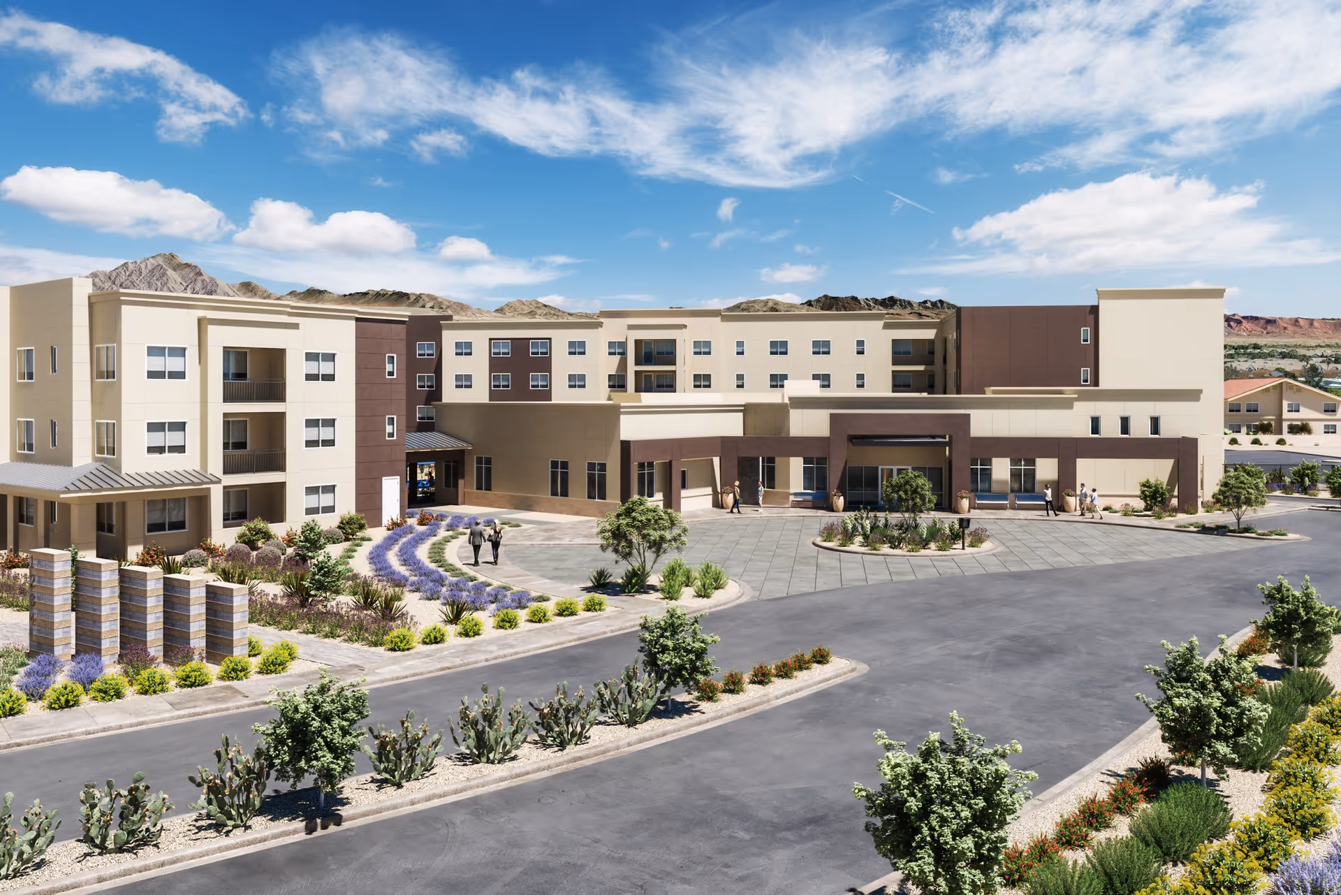 Exterior view of a modern multi-story senior living facility named Album Union Village, featuring a landscaped entrance with shrubs, small trees, and a circular driveway. The building has beige and brown tones with multiple windows and balconies under a partly cloudy blue sky.