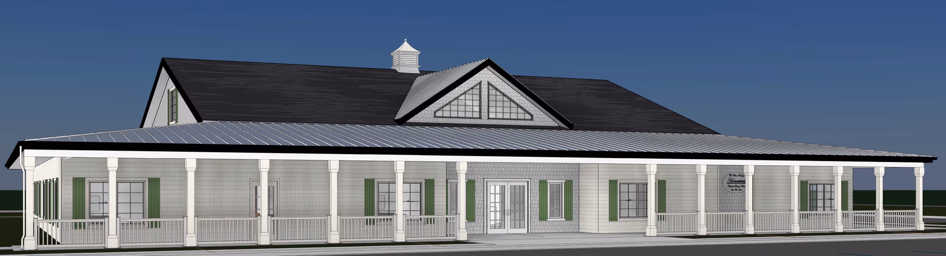 Exterior view of a single-story building with a large covered porch supported by white columns, green window shutters, and a dark roof under a clear blue sky.