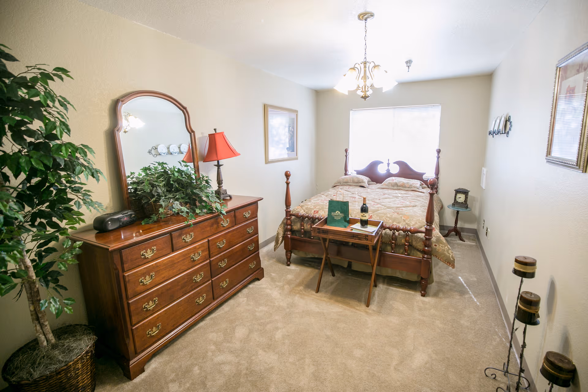 Well-lit bedroom with a wooden four-poster bed, dresser with mirror, lamp, and potted plant.
