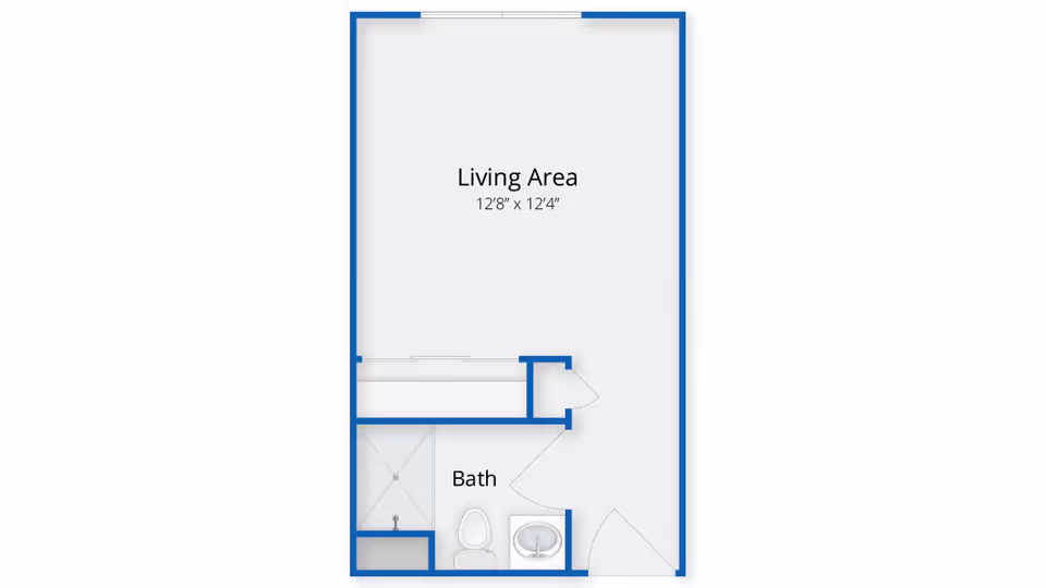 Floor plan layout showing a living area measuring 12 feet 8 inches by 12 feet 4 inches, and a bathroom with a shower, toilet, and sink.