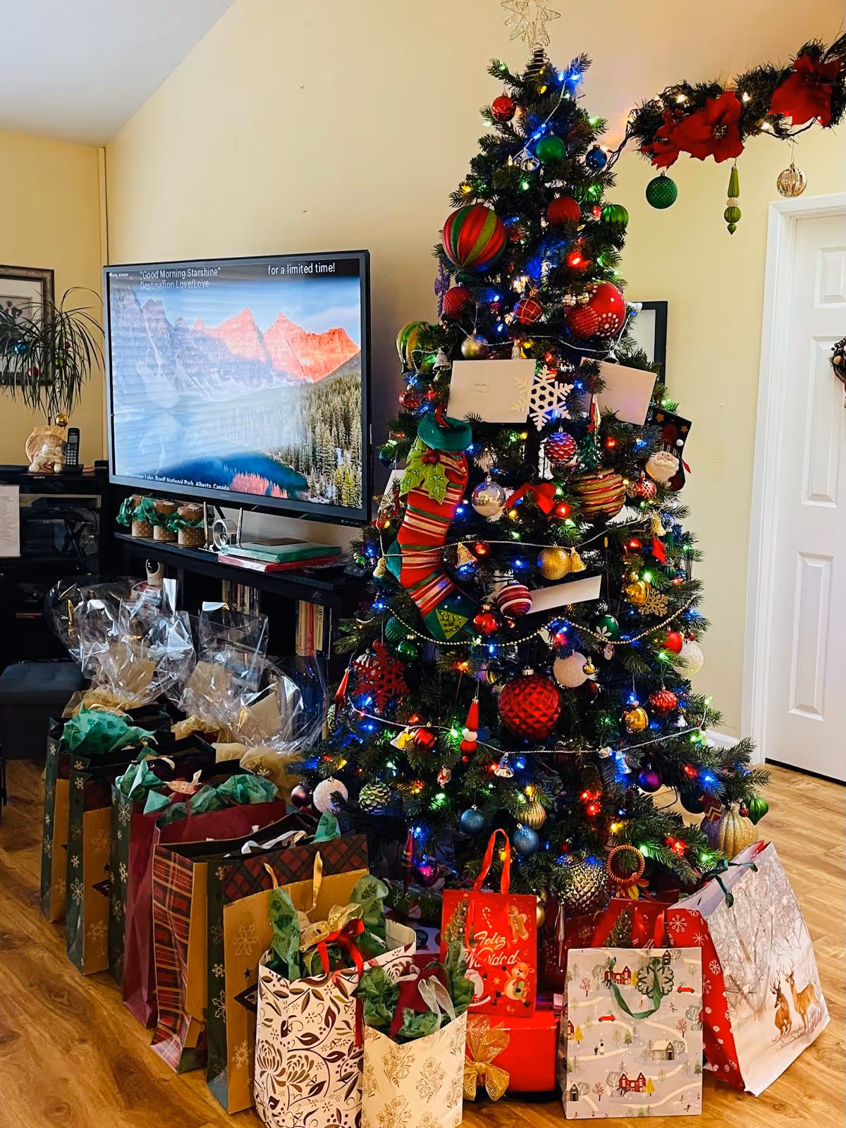 A decorated Christmas tree with colorful lights and ornaments stands in a room with wooden flooring. Numerous gift bags and wrapped presents are arranged neatly around the base of the tree. In the background, a flat-screen TV displays a scenic mountain landscape. The room has light-colored walls, a door on the right, and some holiday garland decorations above the door.