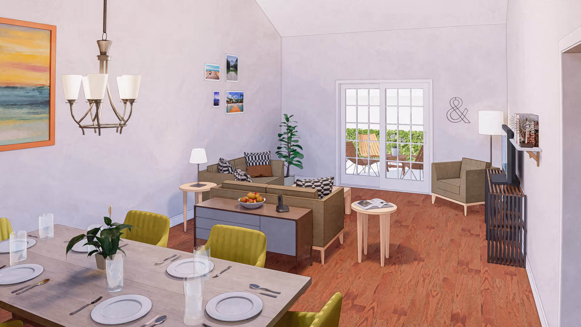 A bright and spacious living and dining area with a wooden floor. The dining table is set with plates, glasses, and cutlery, surrounded by green chairs. The living area has a brown sofa with patterned cushions, a side table with a lamp, a small round table with an open book, and a single armchair. There is a large window with a view of an outdoor patio with chairs and greenery. The walls are decorated with framed pictures and a large colorful painting. A chandelier hangs above the dining table.