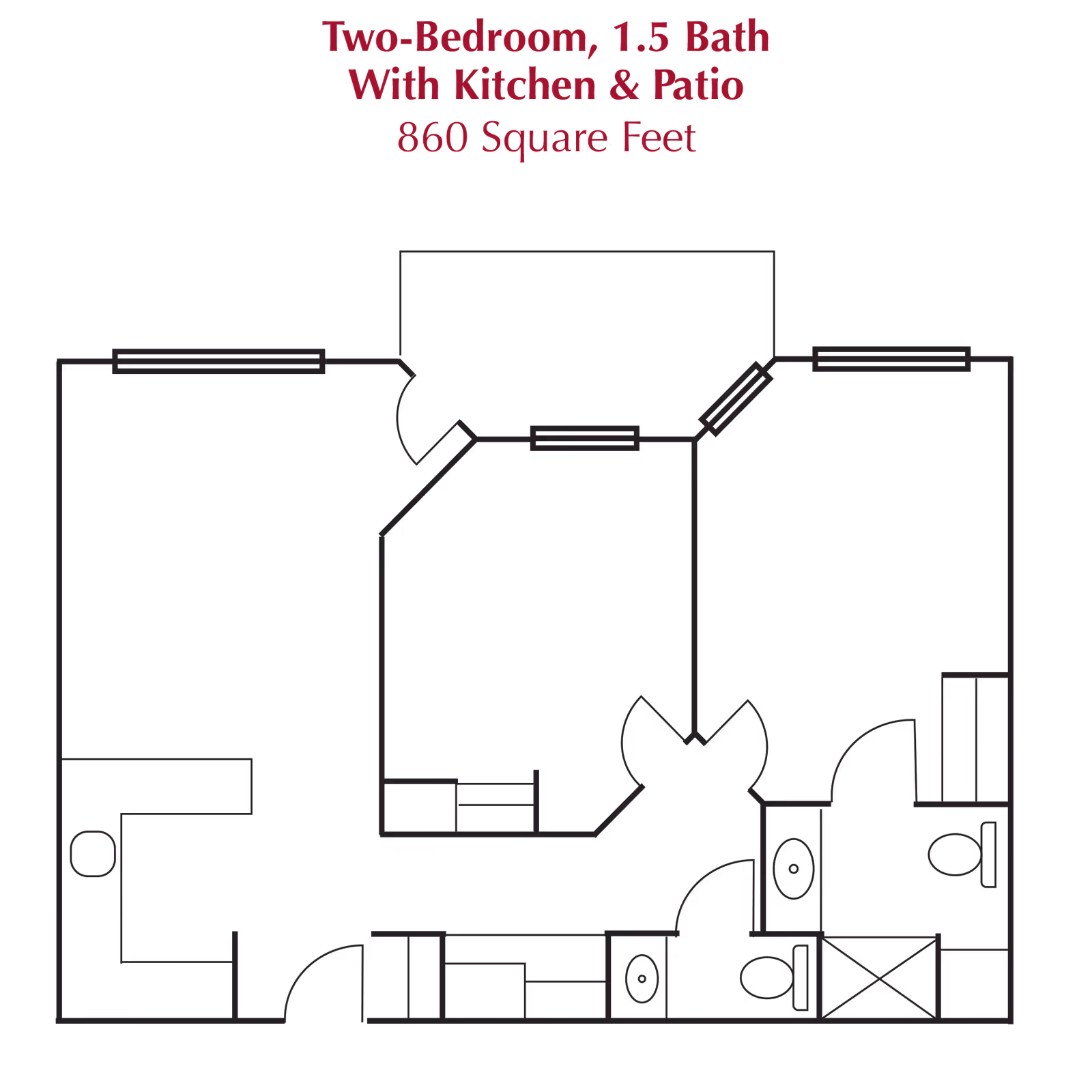 Floor plan layout of a two-bedroom, 1.5 bathroom apartment with kitchen and patio, totaling 860 square feet.