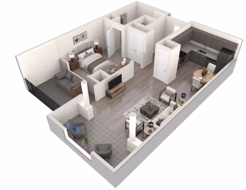 3D floor plan of a one-bedroom apartment featuring a bedroom with a bed and nightstands, a living room with a sofa, chairs, coffee table, and TV, a kitchen with appliances and a dining table with chairs, and a small outdoor patio area with seating.
