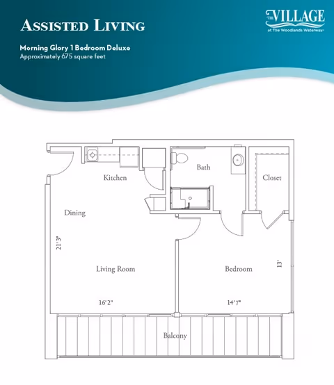 Floor plan of an assisted living one-bedroom deluxe apartment named Morning Glory, approximately 675 square feet, at Village at Woodlands Waterway. The layout includes a kitchen, dining area, living room, bedroom with closet, bathroom, and a balcony.
