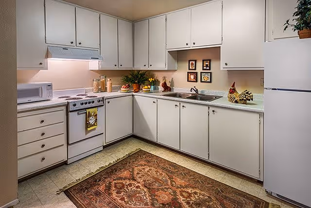 A compact kitchen with white cabinets and drawers, a white stove with an oven, a microwave on the counter, a double sink, and a white refrigerator. The countertop has decorative items including plants, jars, and a ceramic rooster. There is a patterned rug on the floor and framed pictures on the wall above the sink.