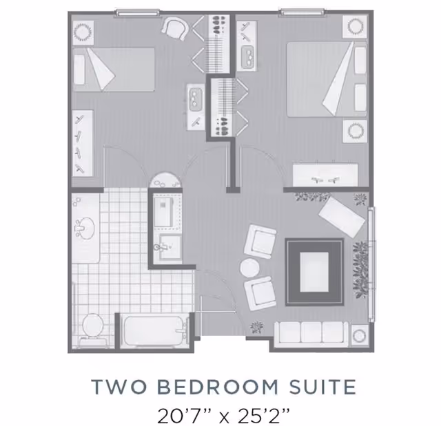 Floor plan of a two-bedroom suite showing two separate bedrooms, a shared bathroom with a bathtub and toilet, a living area with seating, and closets between the bedrooms. The suite dimensions are 20 feet 7 inches by 25 feet 2 inches.