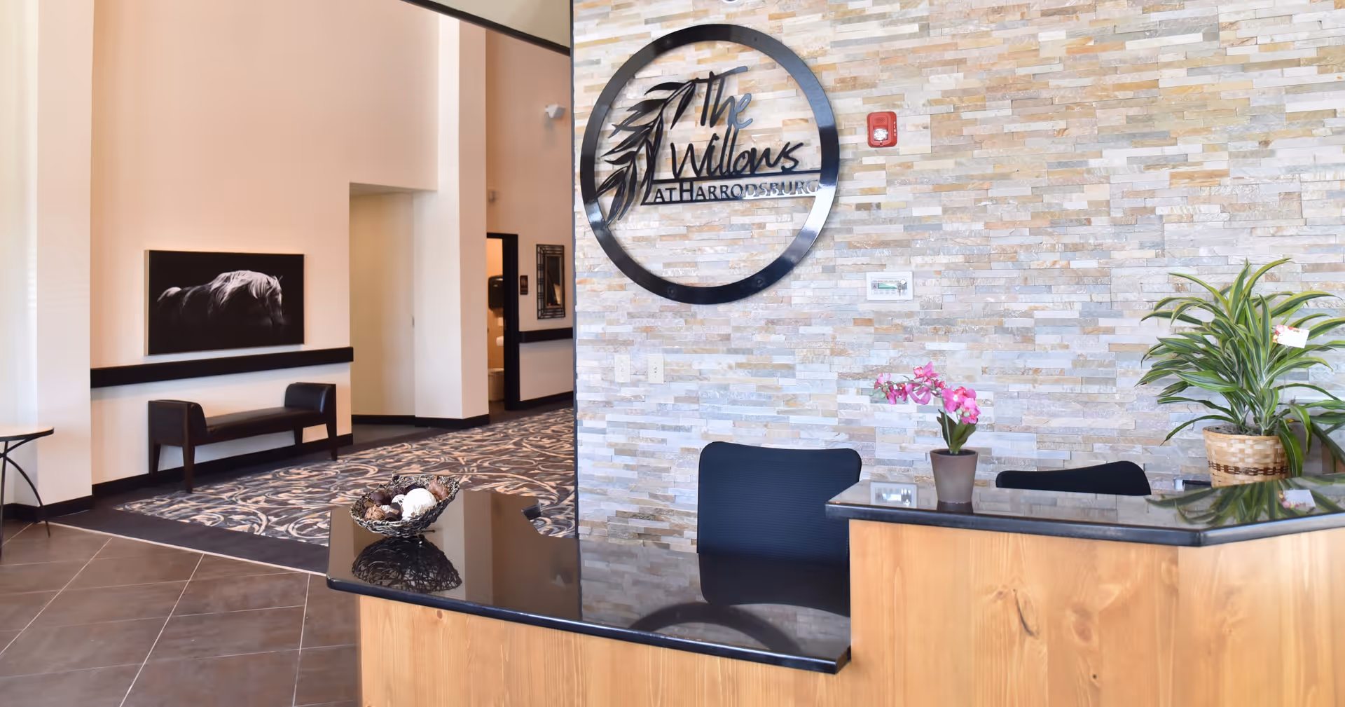 Reception area of The Willows at Harrodsburg featuring a wooden desk with a black countertop, a small potted orchid, and a larger potted plant. Behind the desk is a stone accent wall with the facility's circular metal logo mounted on it. The background shows a hallway with patterned carpet, a bench, and a black and white horse photograph on the wall.