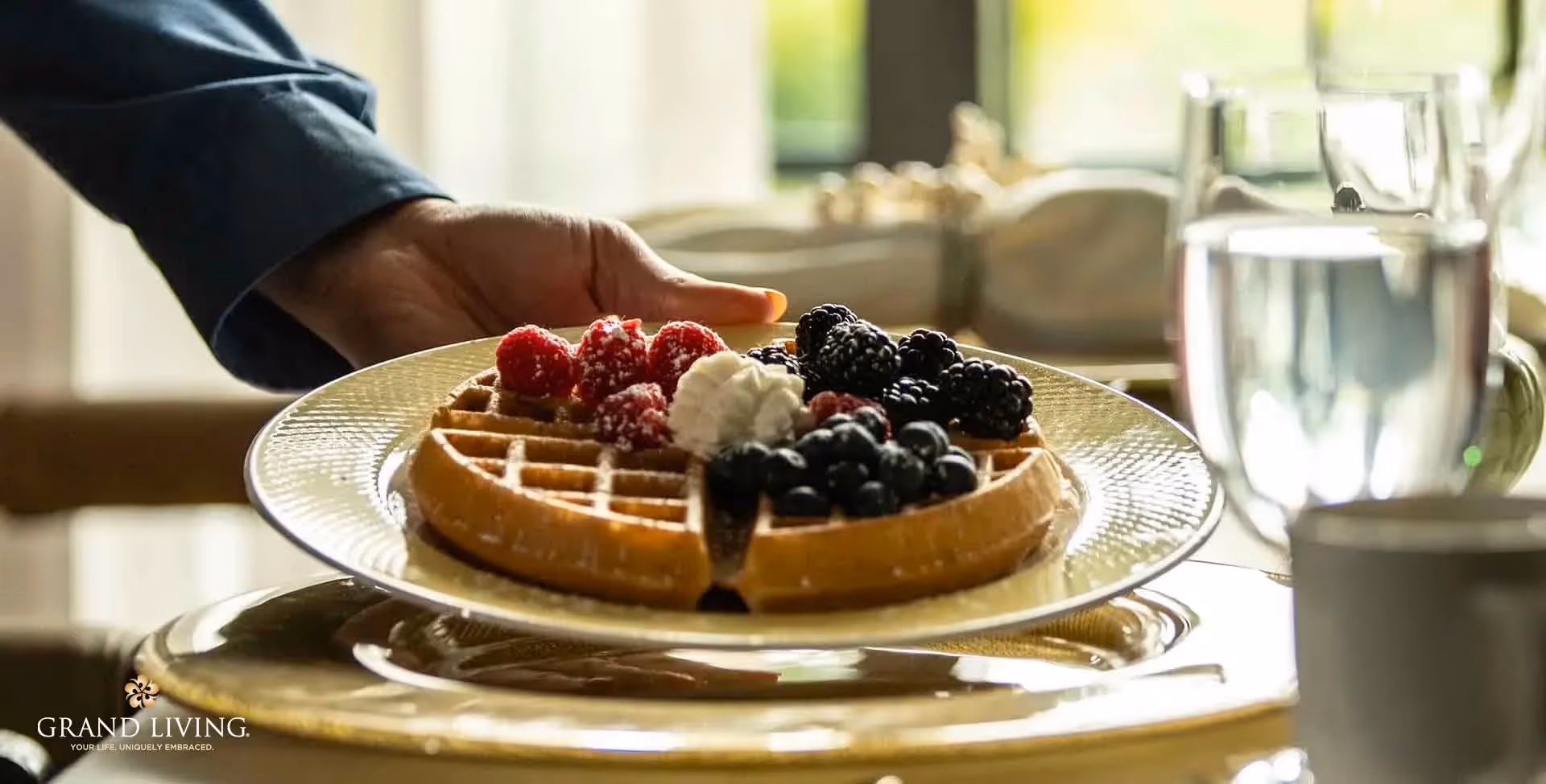 A hand holding a plate with a waffle topped with raspberries, blackberries, blueberries, and a dollop of whipped cream, set on a table with glasses of water and a cup in the background.