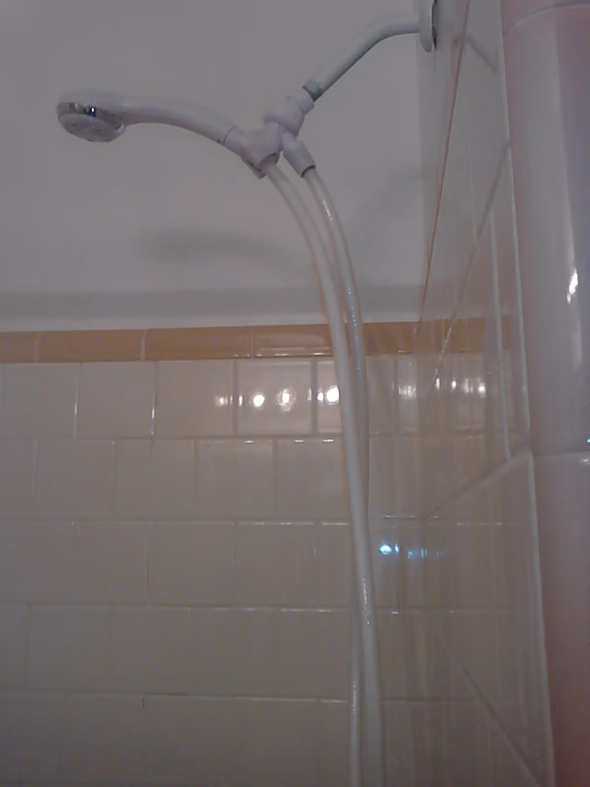 Tiled shower area with a dual white showerhead and flexible hoses mounted near the ceiling.