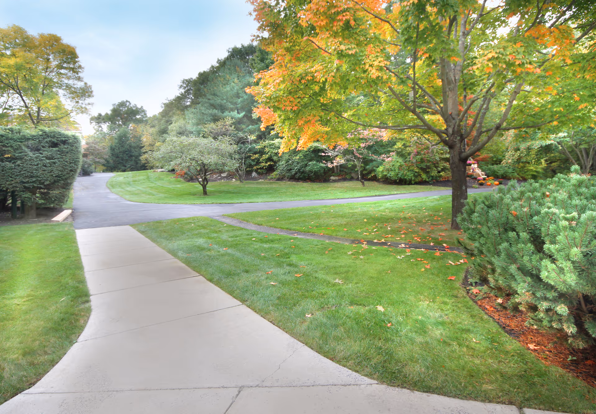 A paved walkway through a landscaped lawn with trees and shrubs showing early autumn foliage.