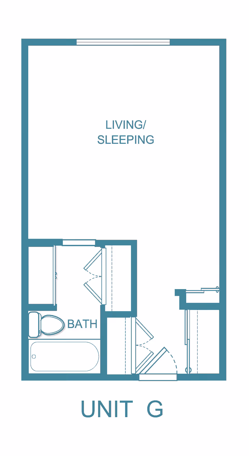 Floor plan of Unit G at Kamlu Retirement Inn-Vancouver showing a combined living and sleeping area, a bathroom with a bathtub and toilet, and an entry area with closets.