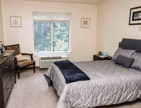 A bedroom with a neatly made bed covered in a gray quilt and a dark throw blanket. There is a wooden dresser with a lamp and decorative items on the left side, a patterned armchair next to the window, and a nightstand with a tissue box and small plant on the right side. The window has white blinds and looks out onto greenery.