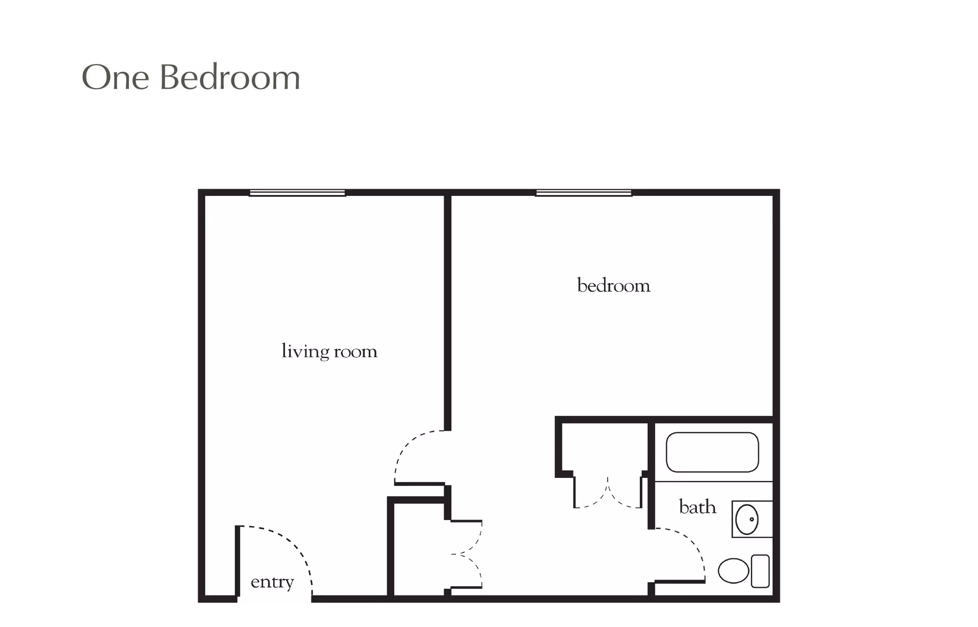 Floor plan layout of a one-bedroom apartment showing an entry leading to a living room, a separate bedroom, and a bathroom with a bathtub, sink, and toilet.