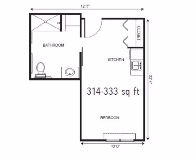 Black-and-white floor plan of a small studio layout showing a bedroom, kitchen, bathroom, closet, dimensions, and '314-333 sq ft' labeling.
