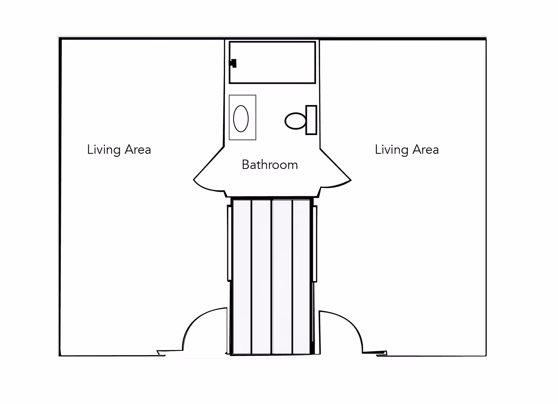 A simple black and white floor plan showing two living areas on either side of a centrally located bathroom. The bathroom includes a bathtub, sink, and toilet. Doors lead from each living area into the bathroom area.