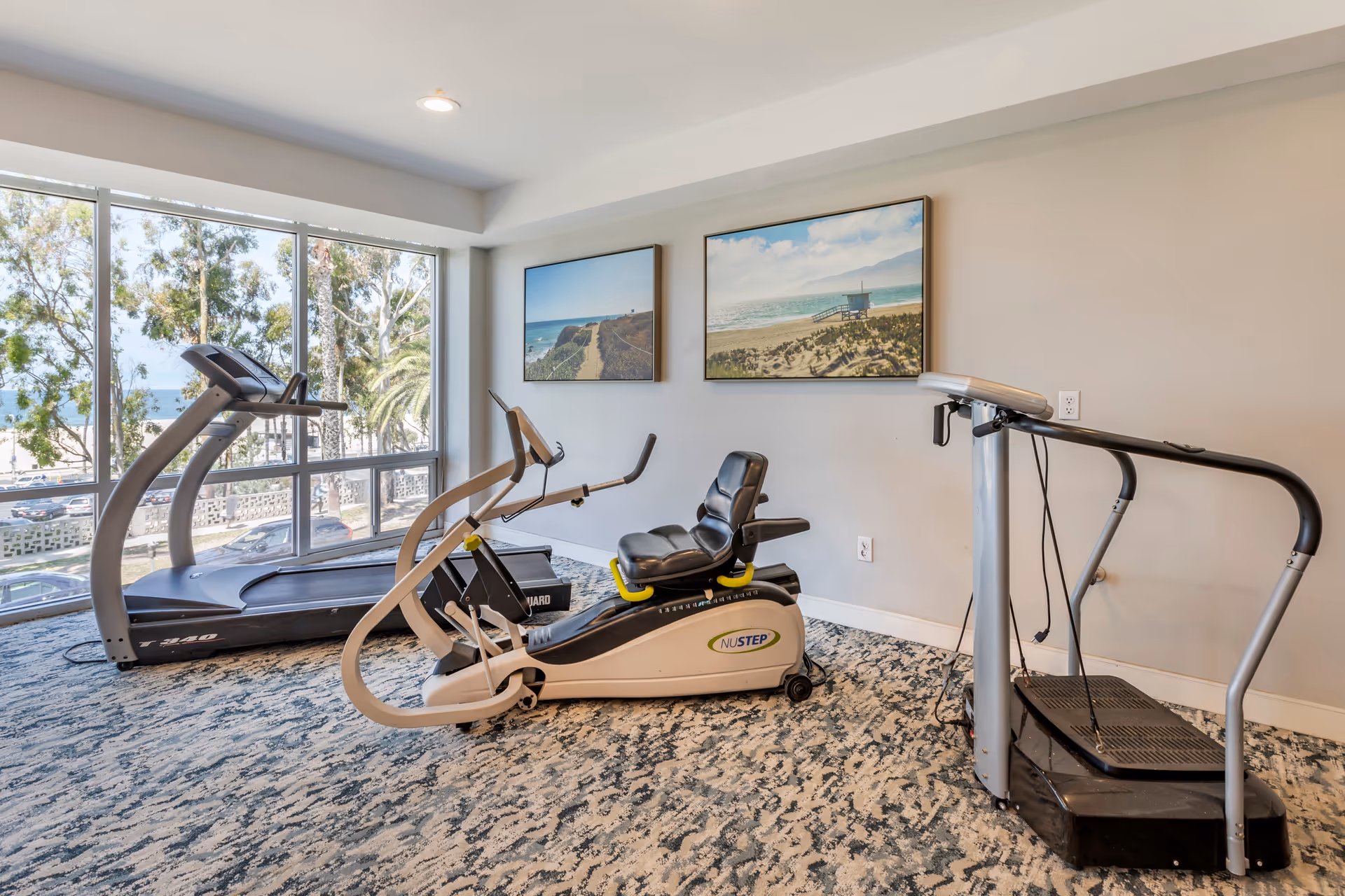 Exercise room with a treadmill, recumbent bike, and vibration plate next to large windows overlooking trees and the ocean.